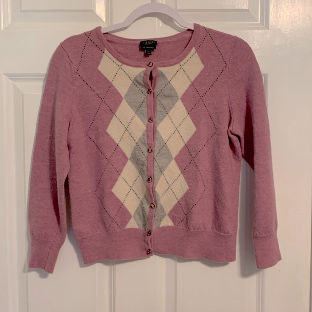 Talbots, pure Italian Merino Wool Argyle cardigan, beautiful glass buttons